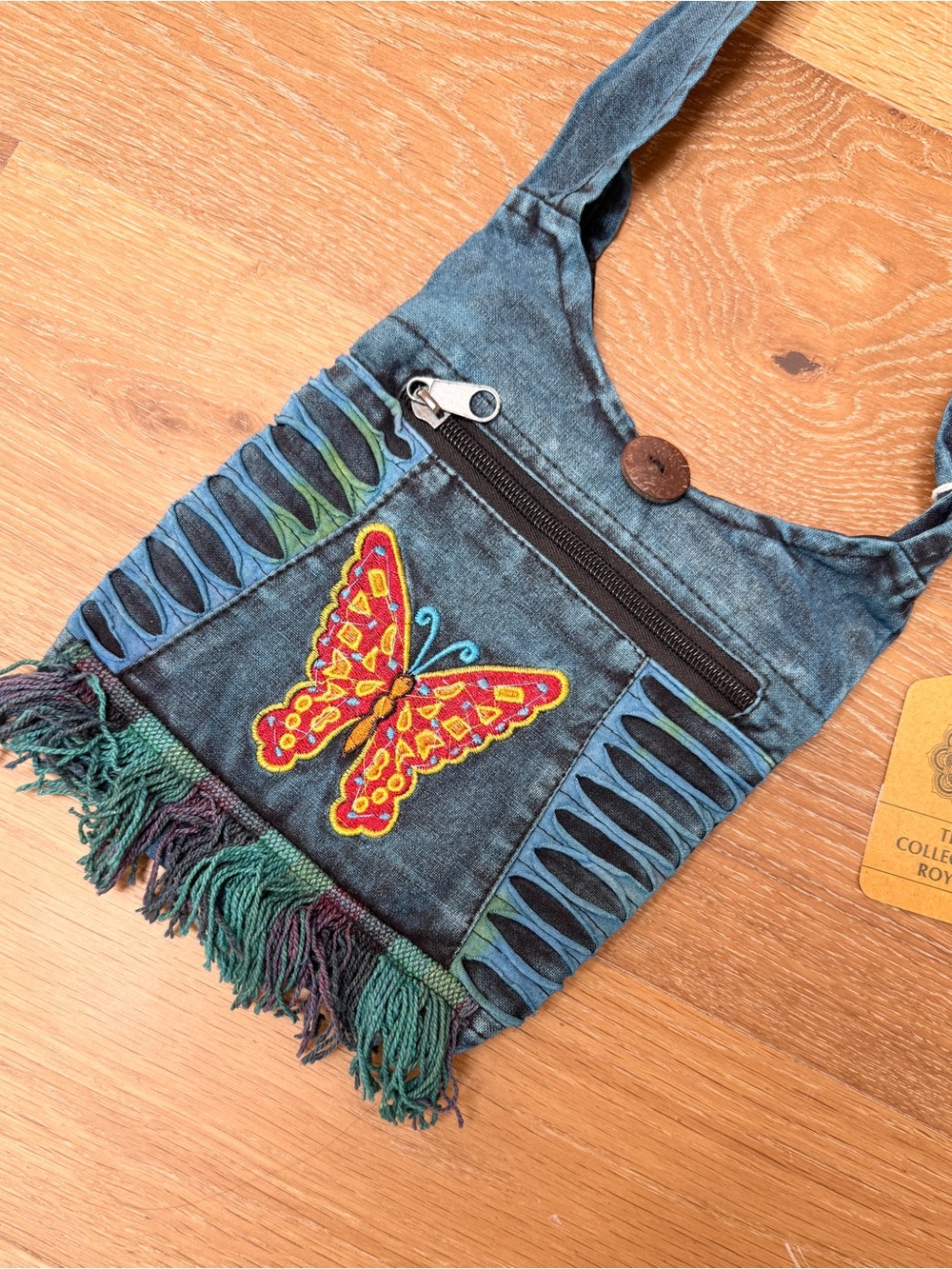 The Collection Cotton Boho Fringe Embroidered Butterfly Crossbody Bag Denim Blue - Picture 3 of 5